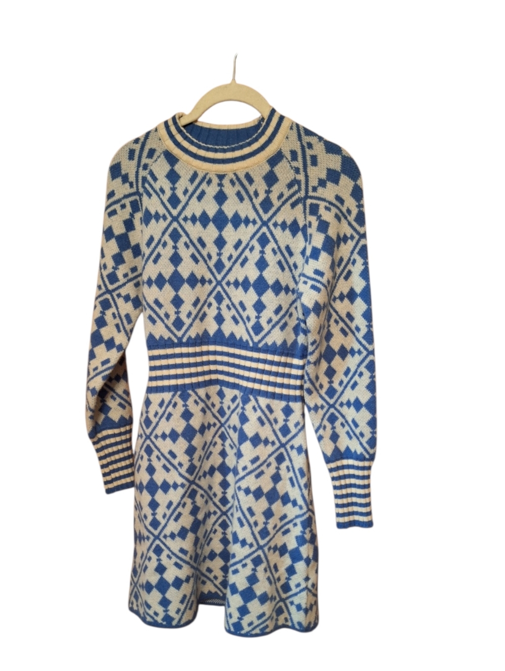 Knit Mix Blue & Cream Geometric Knit Sweater Dress Ladies Medium Long Sleeves